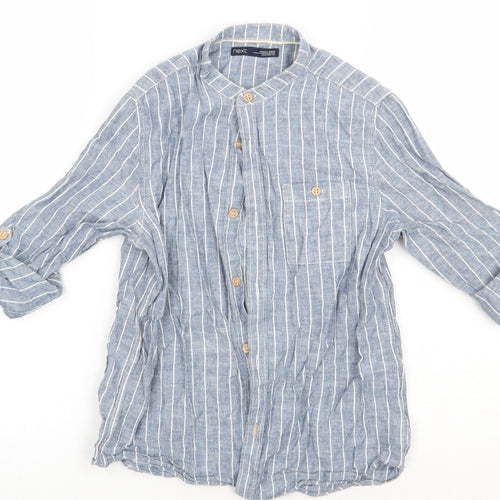 NEXT Girls Blue Striped Linen Basic Button-Up Size 8 Years Crew Neck Button