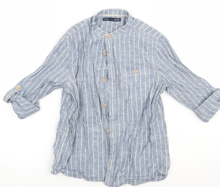 NEXT Girls Blue Striped Linen Basic Button-Up Size 8 Years Crew Neck Button