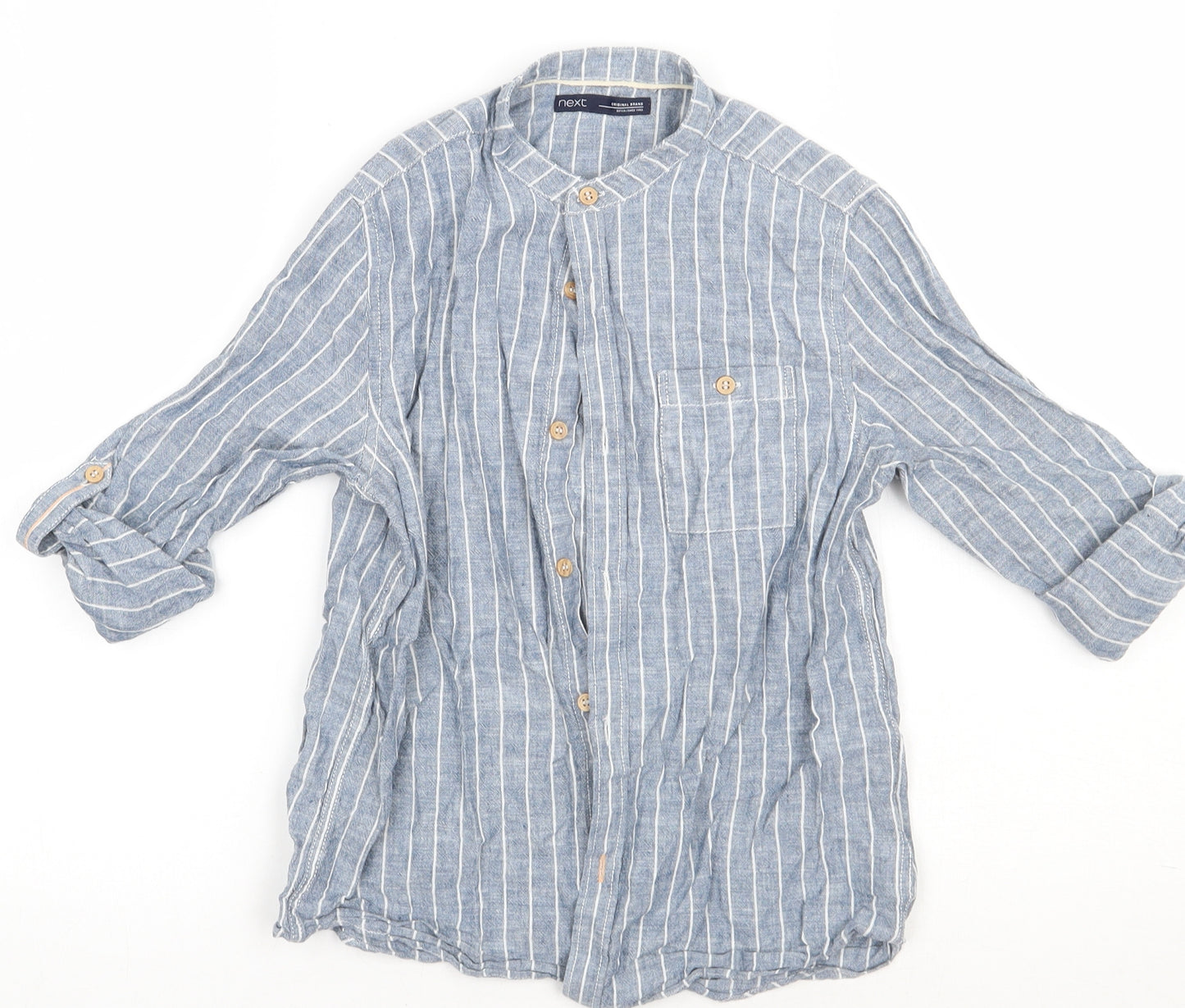 NEXT Girls Blue Striped Linen Basic Button-Up Size 8 Years Crew Neck Button