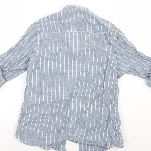NEXT Girls Blue Striped Linen Basic Button-Up Size 8 Years Crew Neck Button
