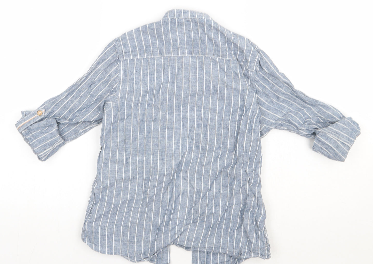 NEXT Girls Blue Striped Linen Basic Button-Up Size 8 Years Crew Neck Button