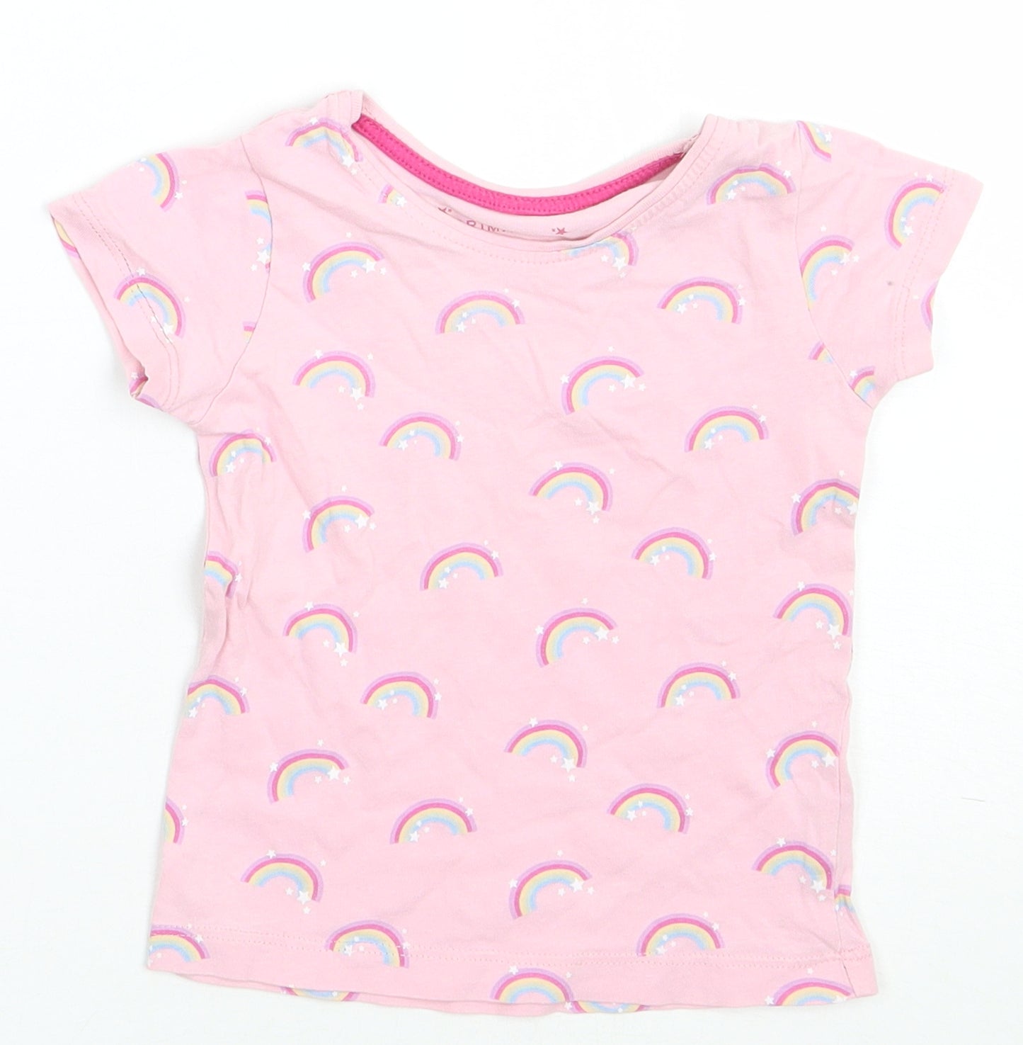 Primark Girls Pink Geometric Cotton Basic T-Shirt Size 2-3 Years Crew Neck Pullover - Rainbow
