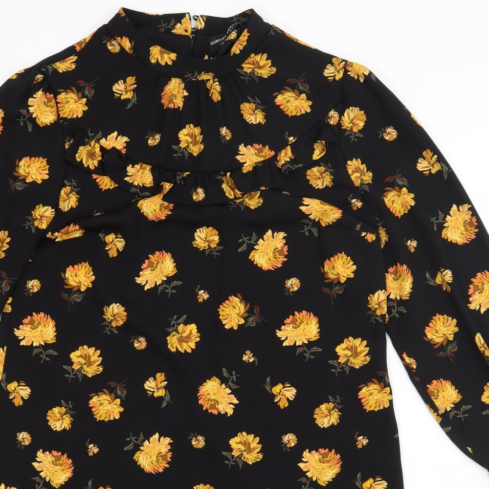 Dorothy Perkins Womens Yellow Floral Polyester A-Line  Size 12  Crew Neck Button