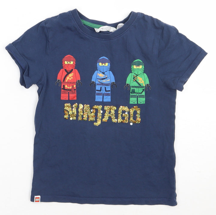 H&M Boys Blue  Cotton Basic T-Shirt Size 3-4 Years Crew Neck Pullover - lego