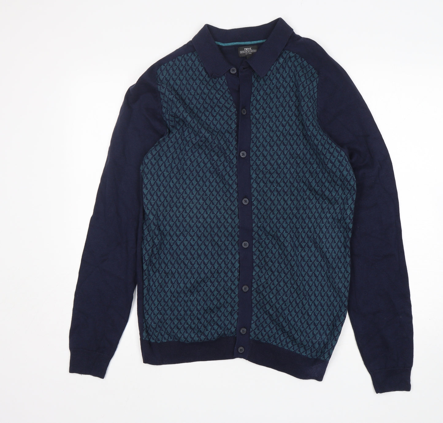 NEXT Mens Multicoloured Collared Geometric Cotton Cardigan Jumper Size L
