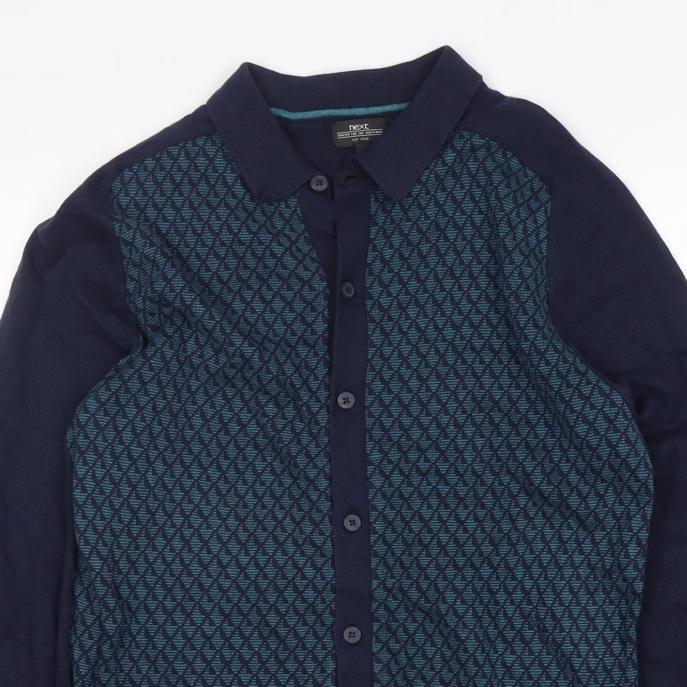 NEXT Mens Multicoloured Collared Geometric Cotton Cardigan Jumper Size L
