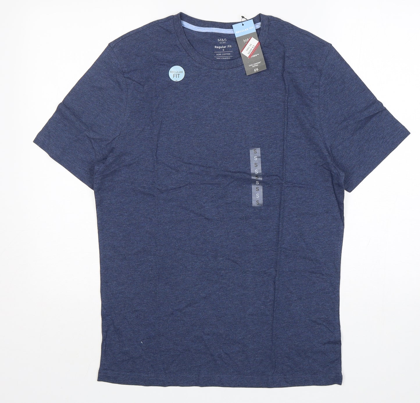 M&S Mens Blue  Cotton  T-Shirt Size S Round Neck