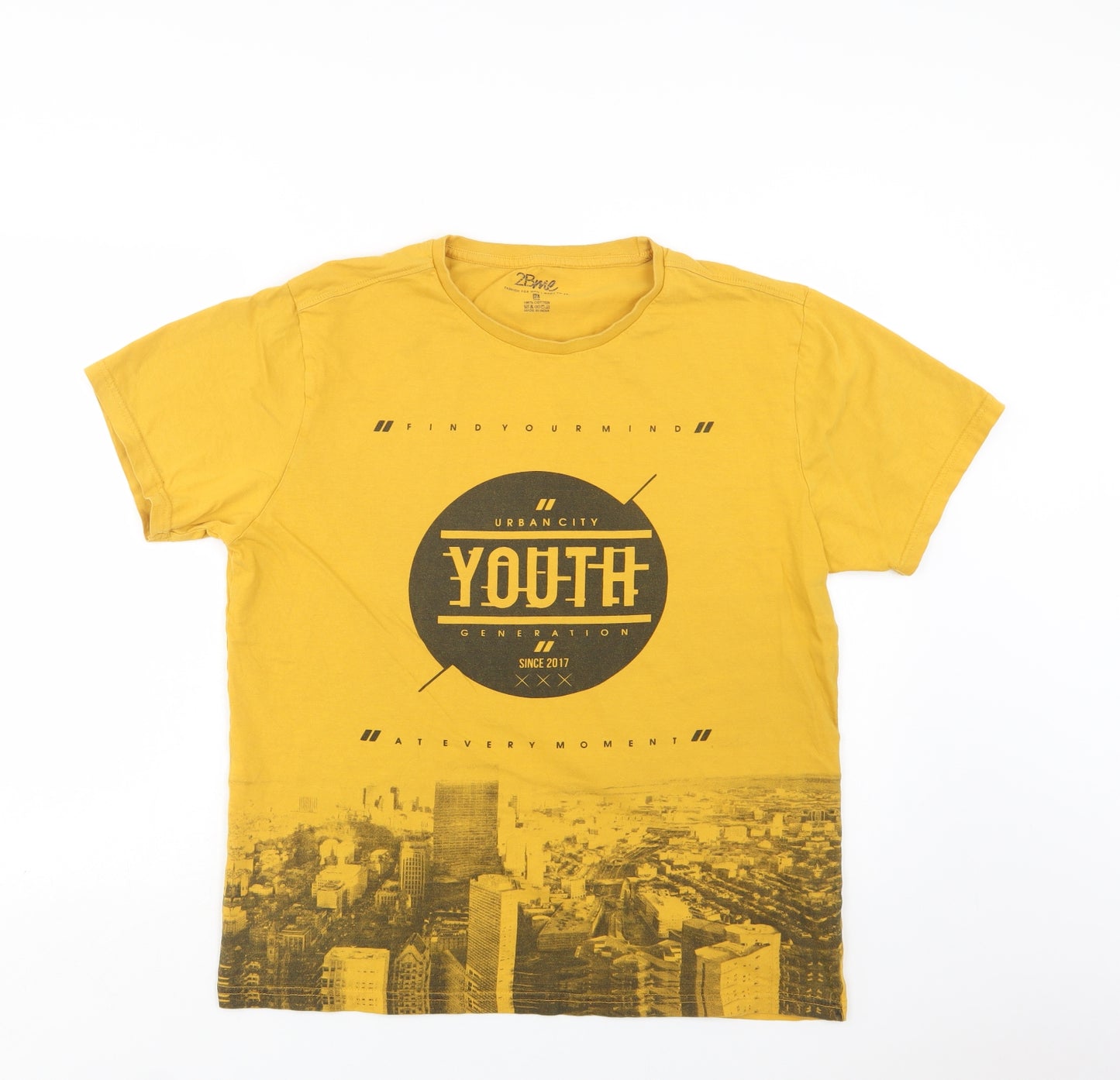2 Bme Mens Yellow  Cotton  T-Shirt Size L Crew Neck