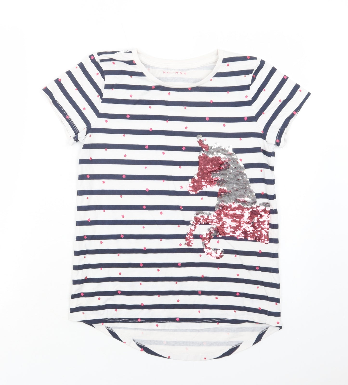 Nutmeg Girls White Striped Cotton Basic Polo Size 13 Years Crew Neck  - Unicorn