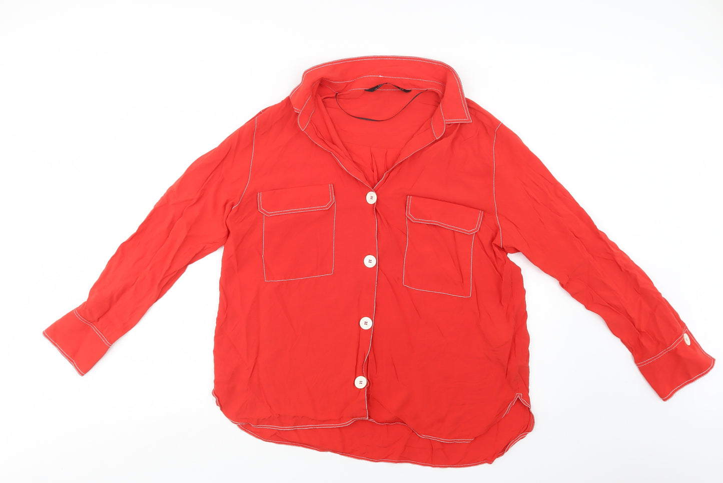 Zara Womens Red  Viscose Basic Button-Up Size 2XL Collared