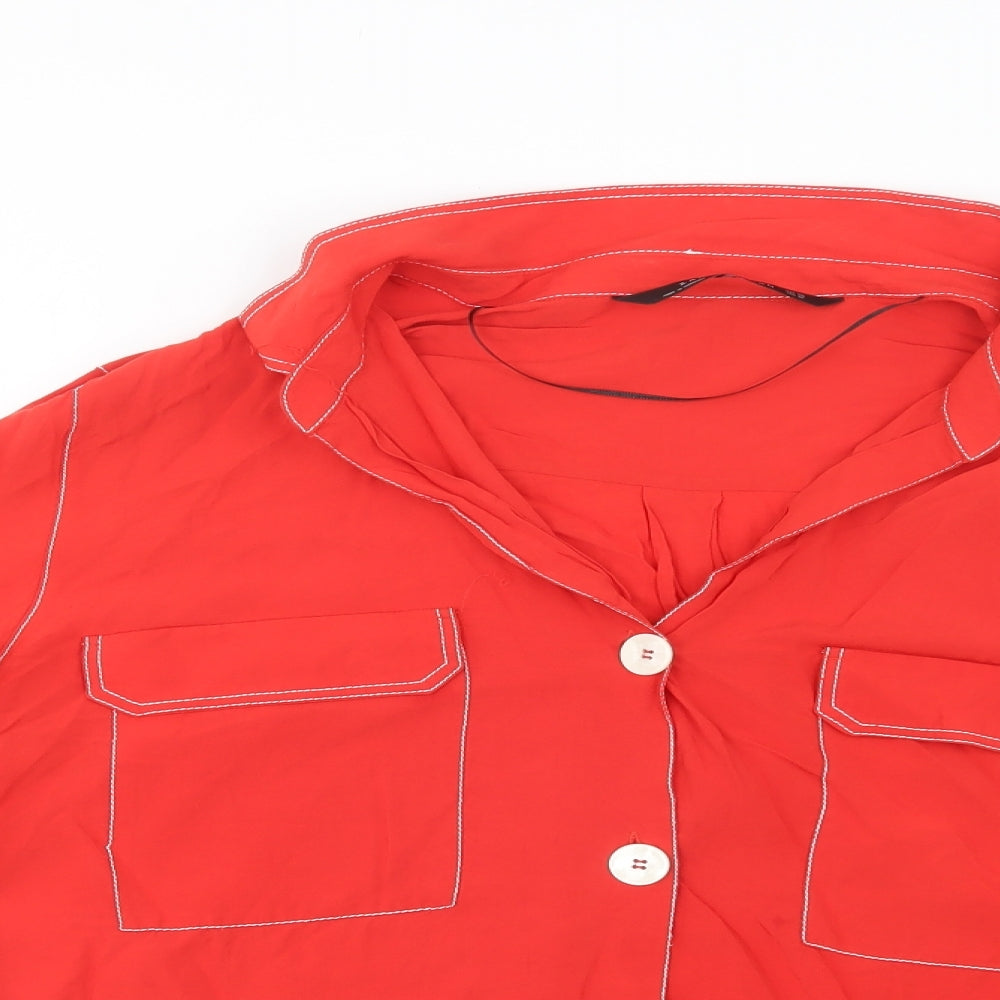 Zara Womens Red  Viscose Basic Button-Up Size 2XL Collared