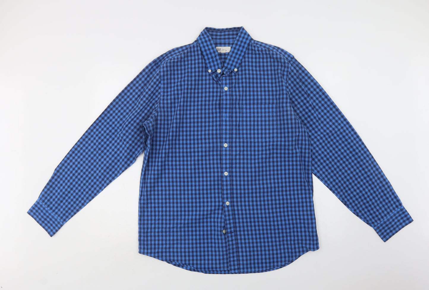 Gap Mens Blue Check Cotton  Button-Up Size L Collared Button