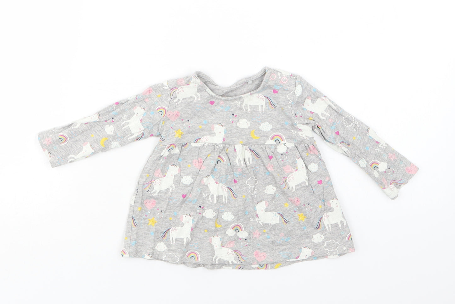 TU Baby Grey Geometric Cotton Basic Blouse Size 3-6 Months Crew Neck Snap - Unicorn Print