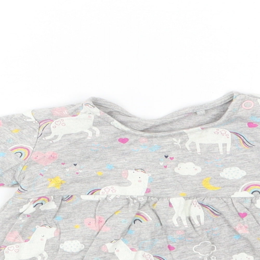 TU Baby Grey Geometric Cotton Basic Blouse Size 3-6 Months Crew Neck Snap - Unicorn Print