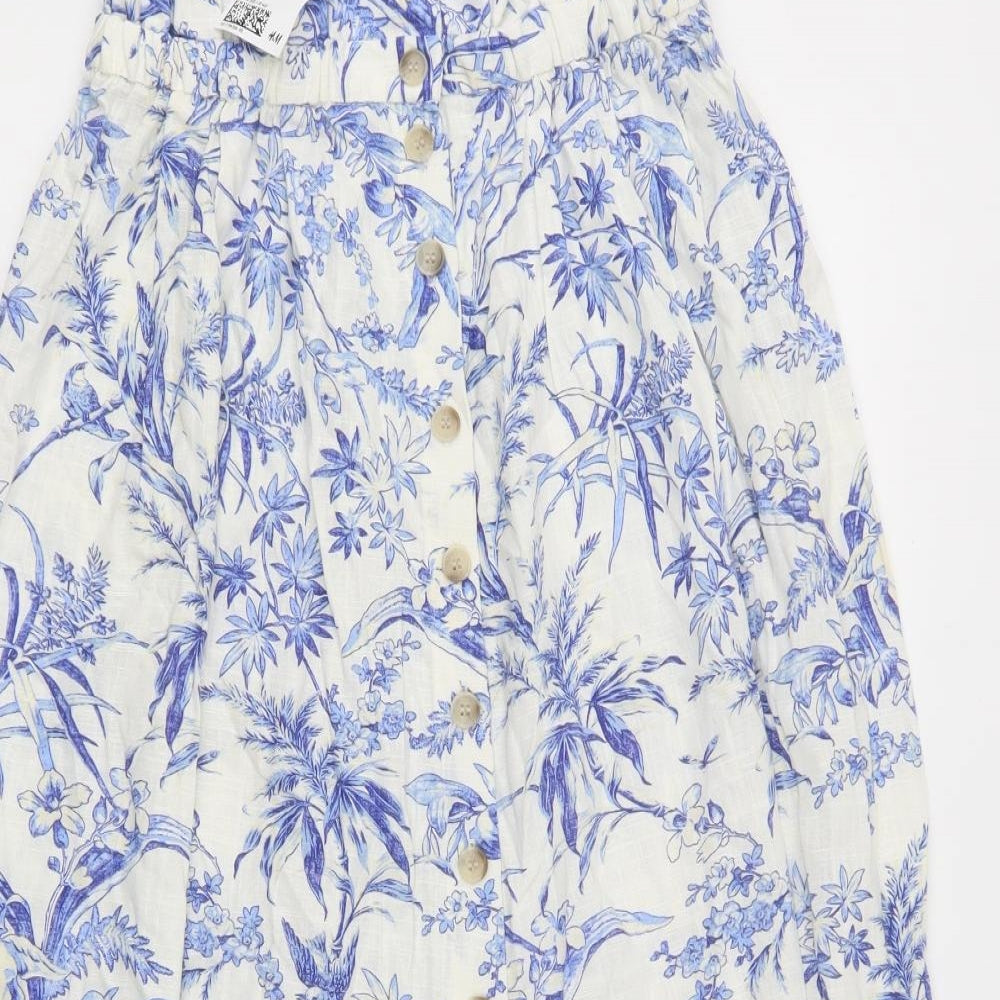 H&M Womens Blue Floral Viscose A-Line Skirt Size S   Button