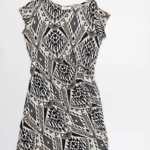Wallis Womens Black Geometric Viscose Bodycon  Size 12  Crew Neck