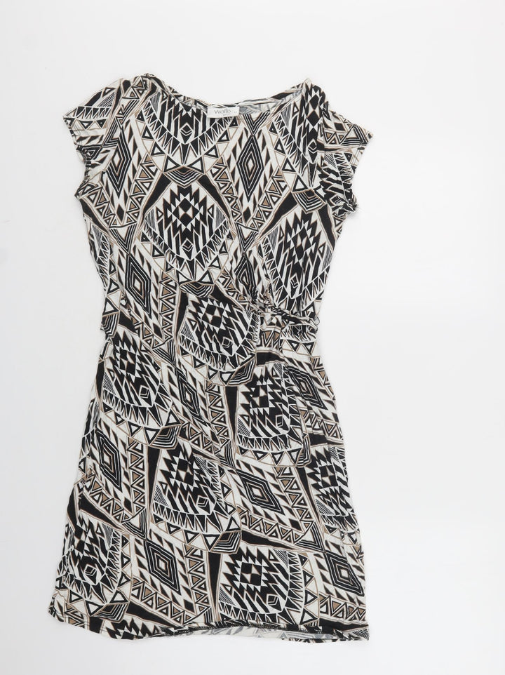Wallis Womens Black Geometric Viscose Bodycon Size 12 Crew Neck