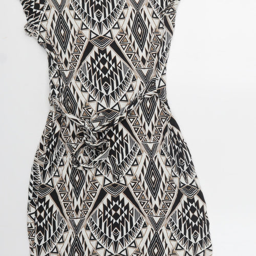 Wallis Womens Black Geometric Viscose Bodycon  Size 12  Crew Neck