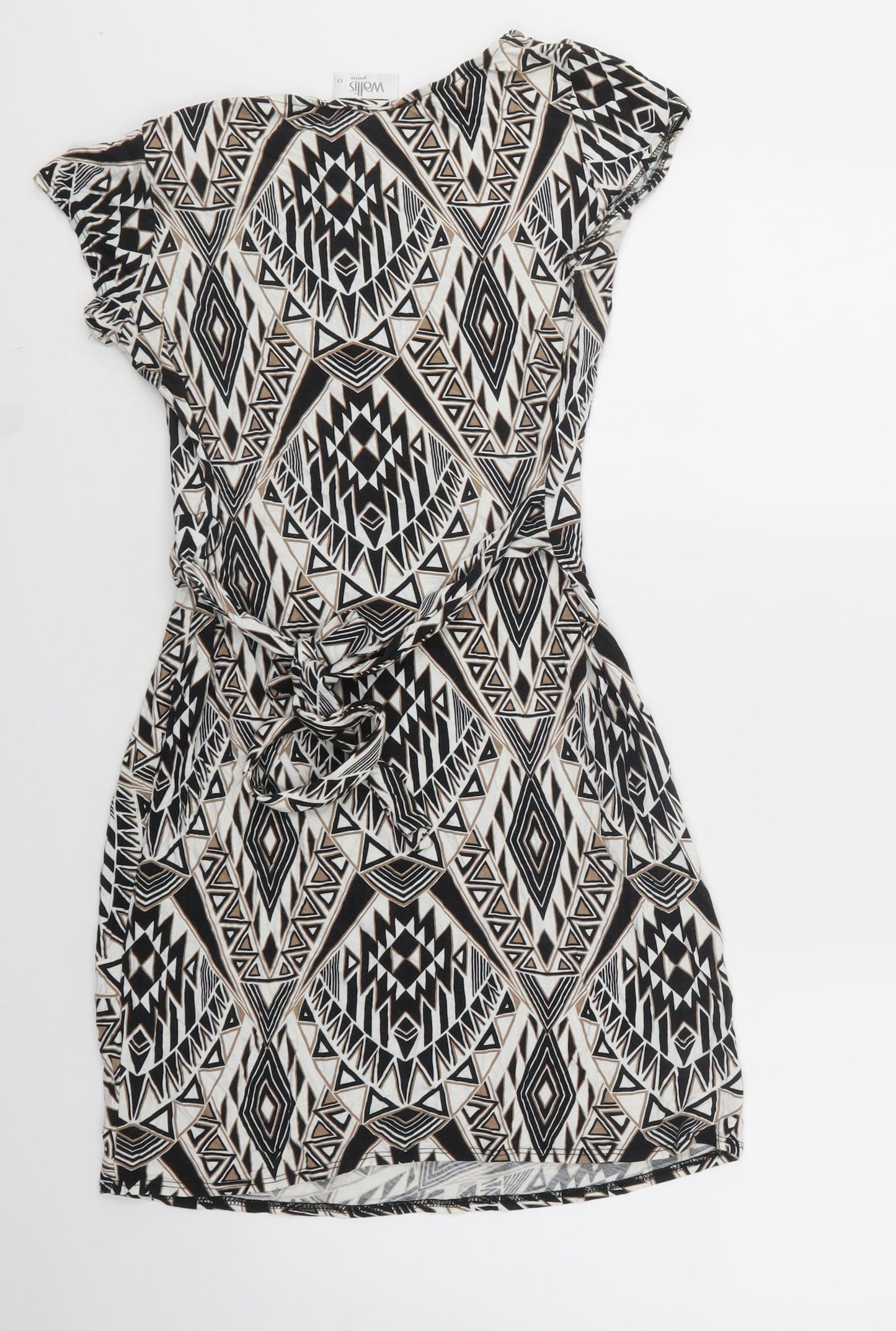 Wallis Womens Black Geometric Viscose Bodycon  Size 12  Crew Neck