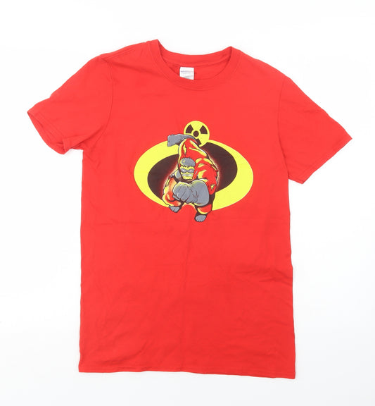 Front view of Gildan women’s red cotton basic t-shirt, size S, crew neck - hulk