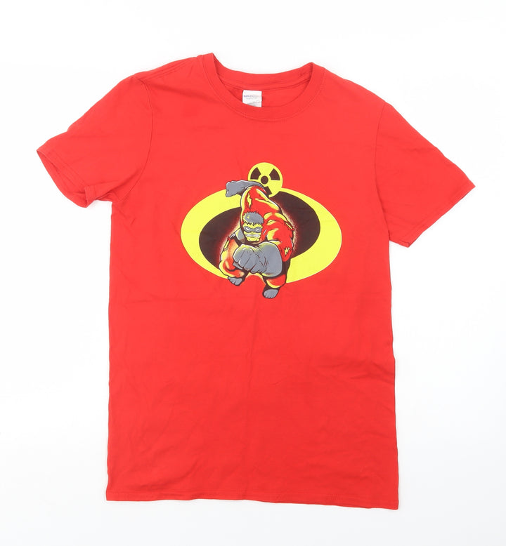 Gildan Womens Red  Cotton Basic T-Shirt Size S Crew Neck - Hulk