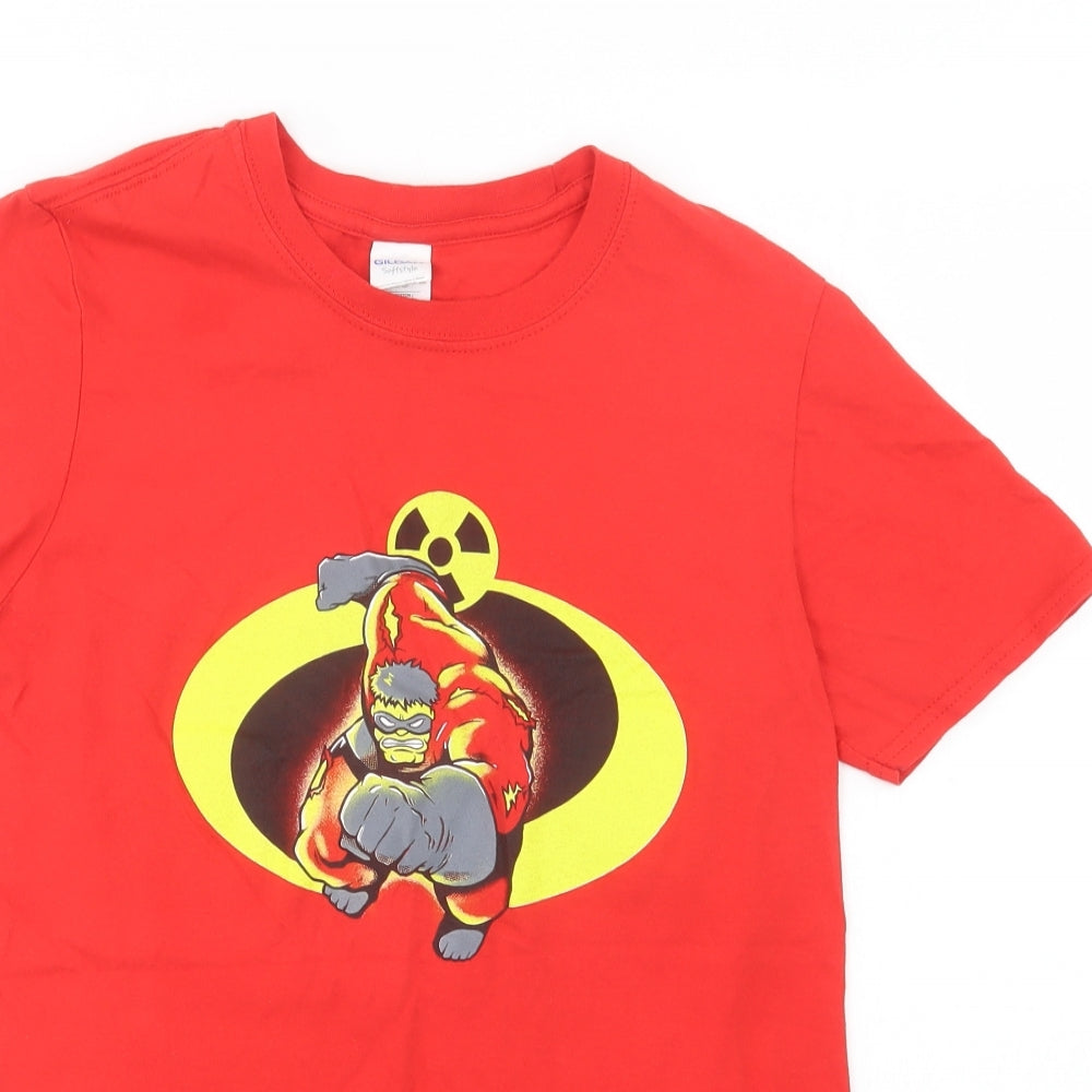 Gildan Womens Red  Cotton Basic T-Shirt Size S Crew Neck - Hulk