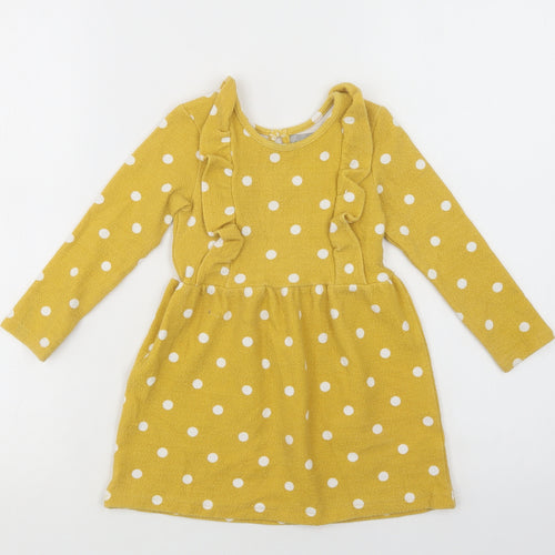 Primark Girls Yellow Polka Dot Cotton Fit & Flare  Size 2-3 Years  Crew Neck