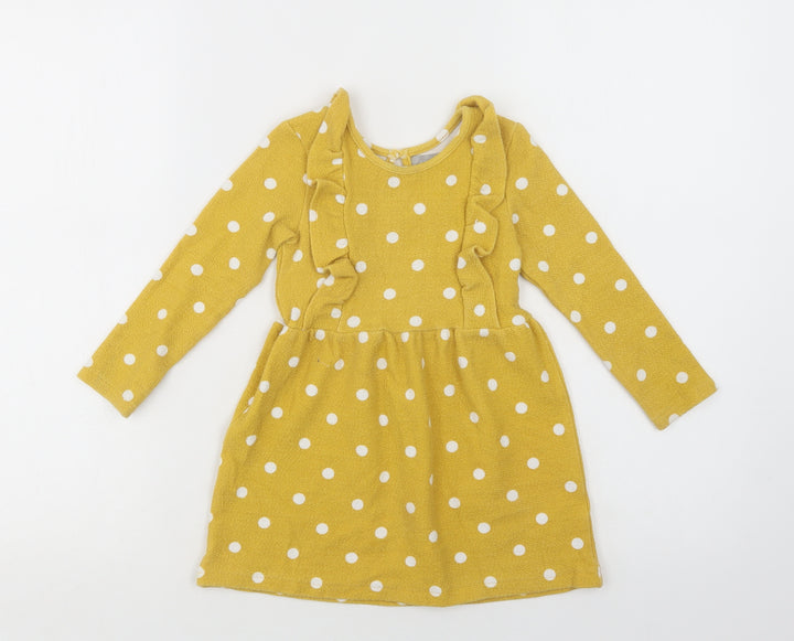 Primark Girls Yellow Polka Dot Cotton Fit & Flare  Size 2-3 Years  Crew Neck