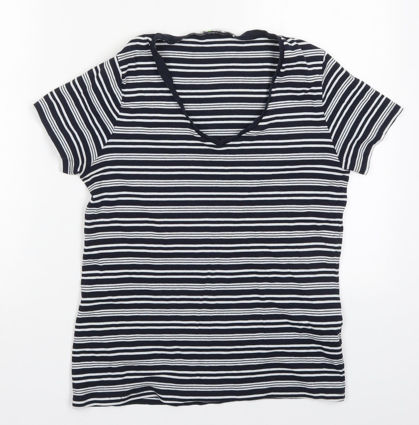 Marks and Spencer Womens Blue Striped Cotton Basic T-Shirt Size 14 V-Neck