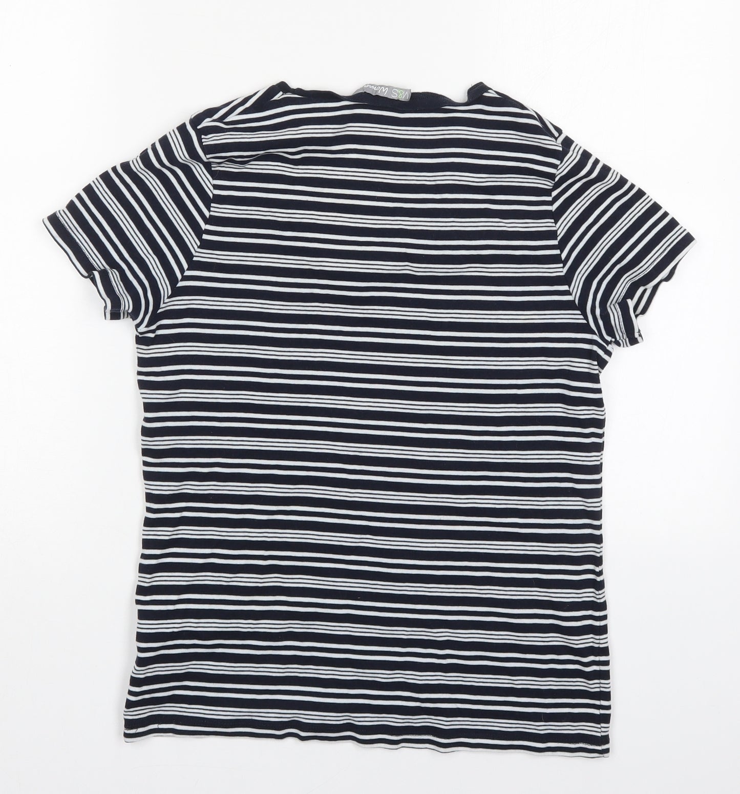 Marks and Spencer Womens Blue Striped Cotton Basic T-Shirt Size 14 V-Neck