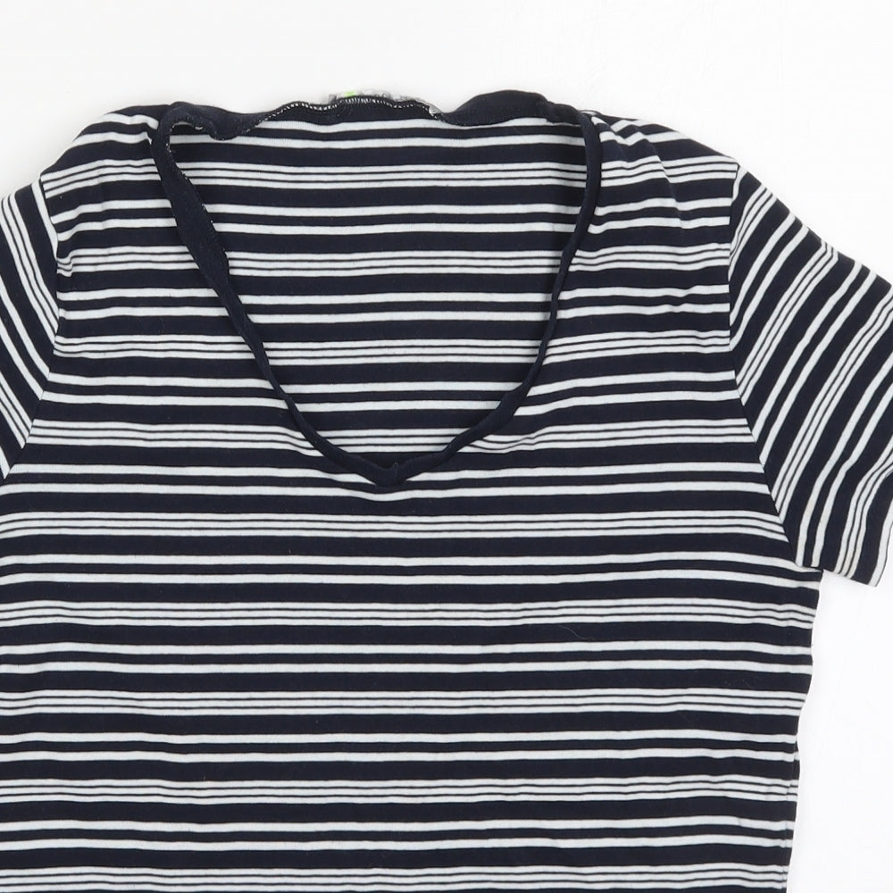 Marks and Spencer Womens Blue Striped Cotton Basic T-Shirt Size 14 V-Neck