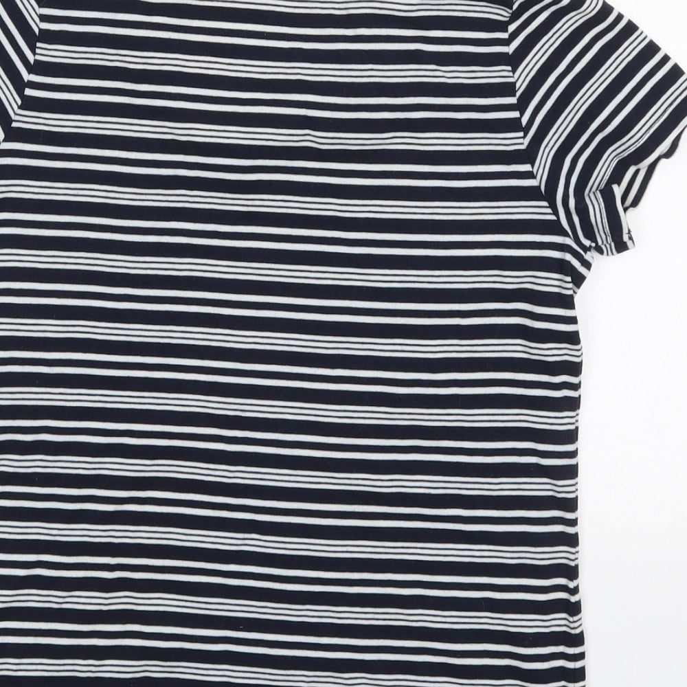 Marks and Spencer Womens Blue Striped Cotton Basic T-Shirt Size 14 V-Neck