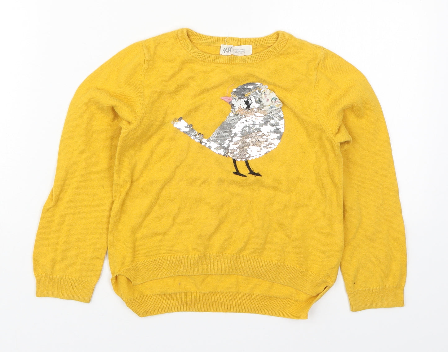 H&M Girls Yellow Round Neck  Cotton Pullover Jumper Size 5-6 Years  Pullover - Birds