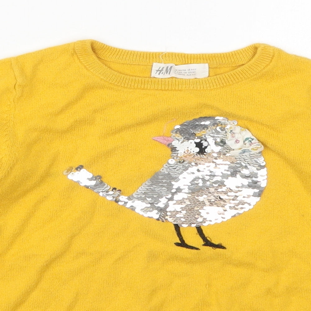 H&M Girls Yellow Round Neck  Cotton Pullover Jumper Size 5-6 Years  Pullover - Birds