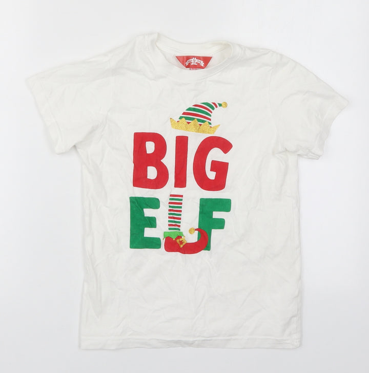 Made By Elves Boys White Cotton Basic T-Shirt Size 9-10 Years Crew Neck Pullover - Big Elf