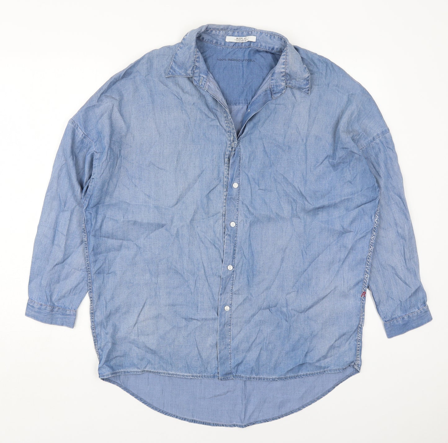 Replay Mens Blue  Lyocell  Button-Up Size S Collared Button