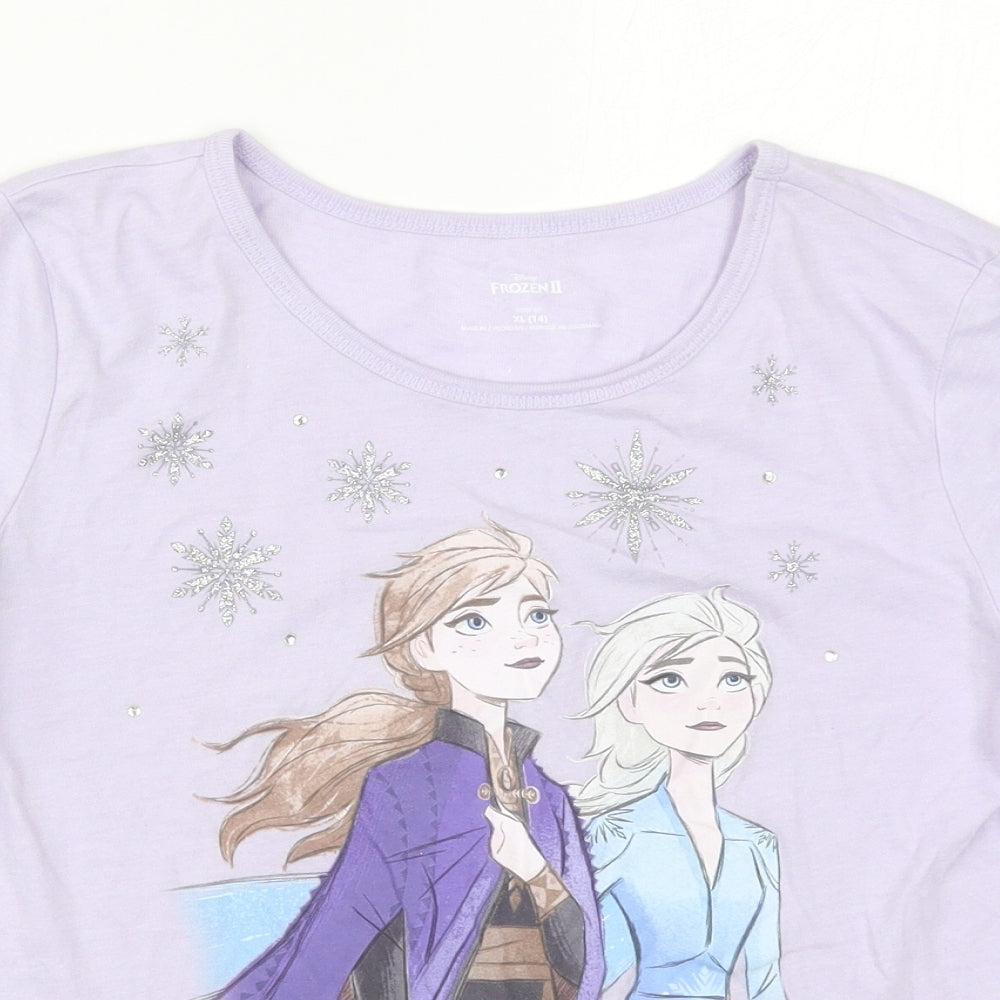 Preworn Girls Purple  Cotton Basic T-Shirt Size 14 Years Round Neck Pullover - Frozen Anna and Elsa