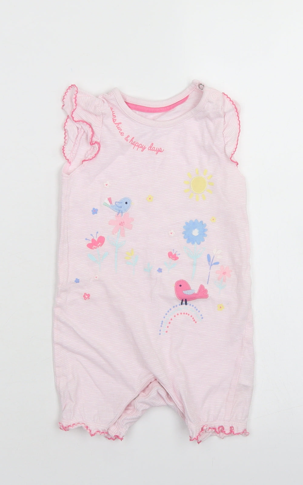F&F Girls Pink Striped Cotton Romper One-Piece Size 6-9 Months  Snap - Flower Detail