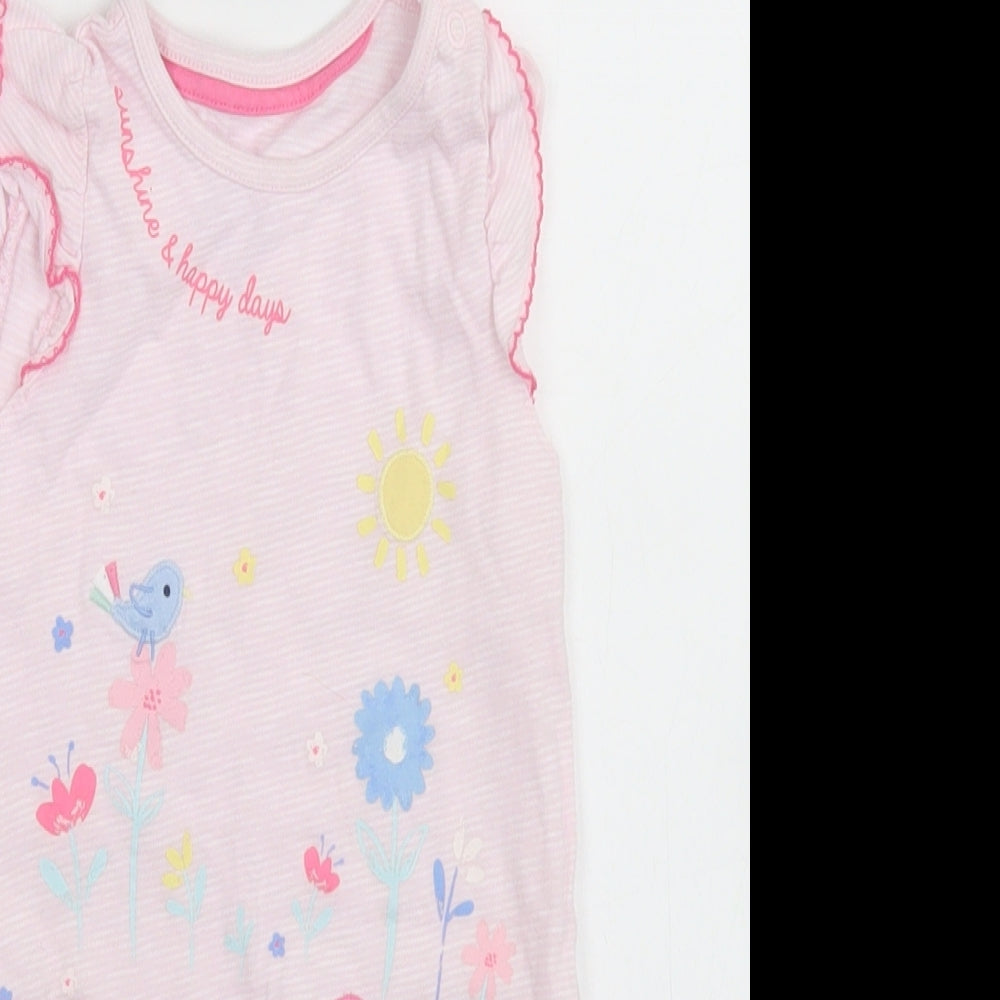 F&F Girls Pink Striped Cotton Romper One-Piece Size 6-9 Months  Snap - Flower Detail
