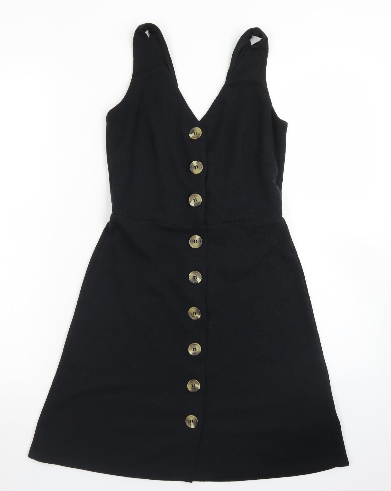 New Look Womens Black  Polyester Pinafore/Dungaree Dress  Size 6  V-Neck Button