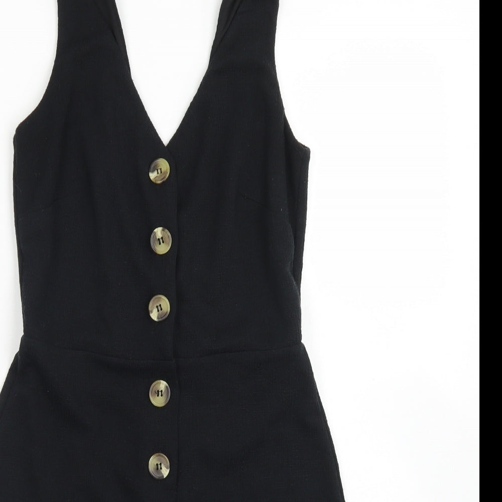 New Look Womens Black  Polyester Pinafore/Dungaree Dress  Size 6  V-Neck Button
