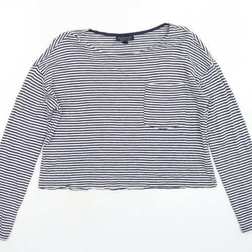 Topshop Womens Blue Striped Viscose Cropped T-Shirt Size 6 Crew Neck - Chest Pocket