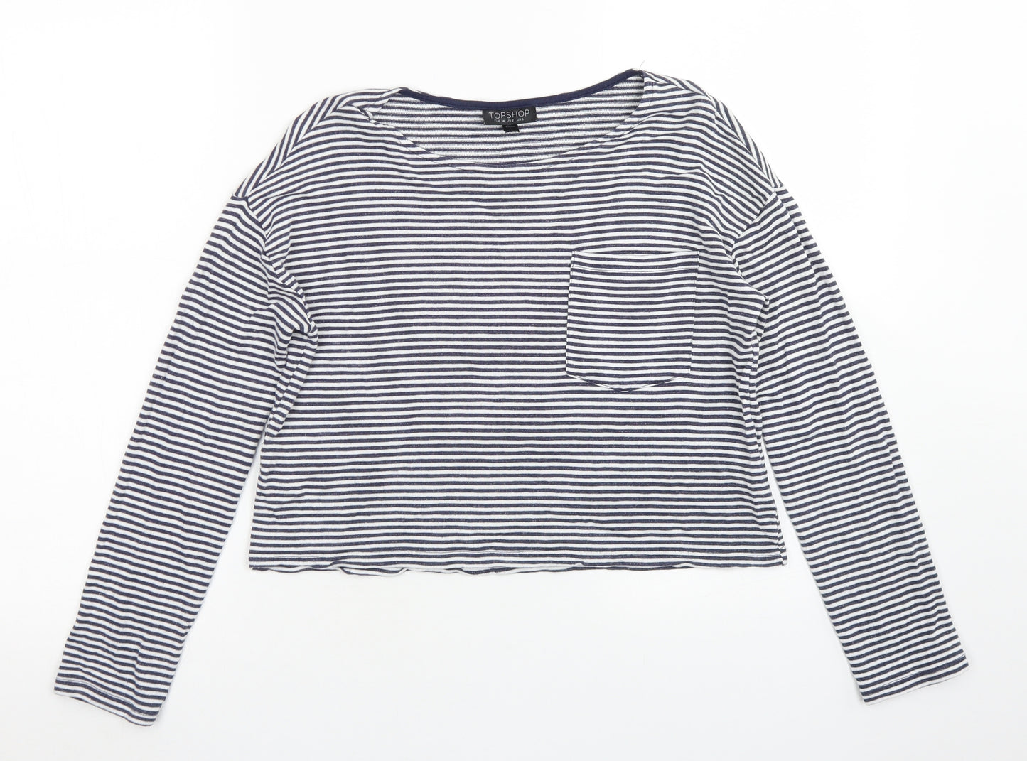 Topshop Womens Blue Striped Viscose Cropped T-Shirt Size 6 Crew Neck - Chest Pocket