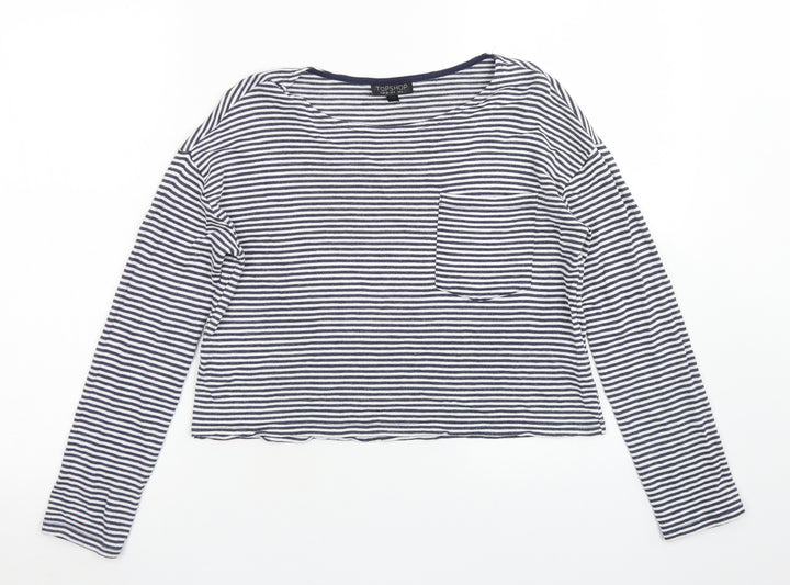Topshop Womens Blue Striped Viscose Cropped T-Shirt Size 6 Crew Neck - Chest Pocket