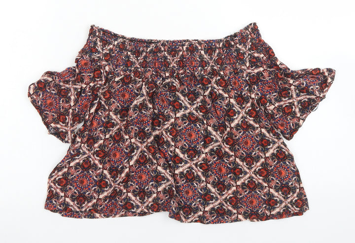 Topshop Womens Red Floral Viscose Cropped Blouse Size 6 Off the Shoulder