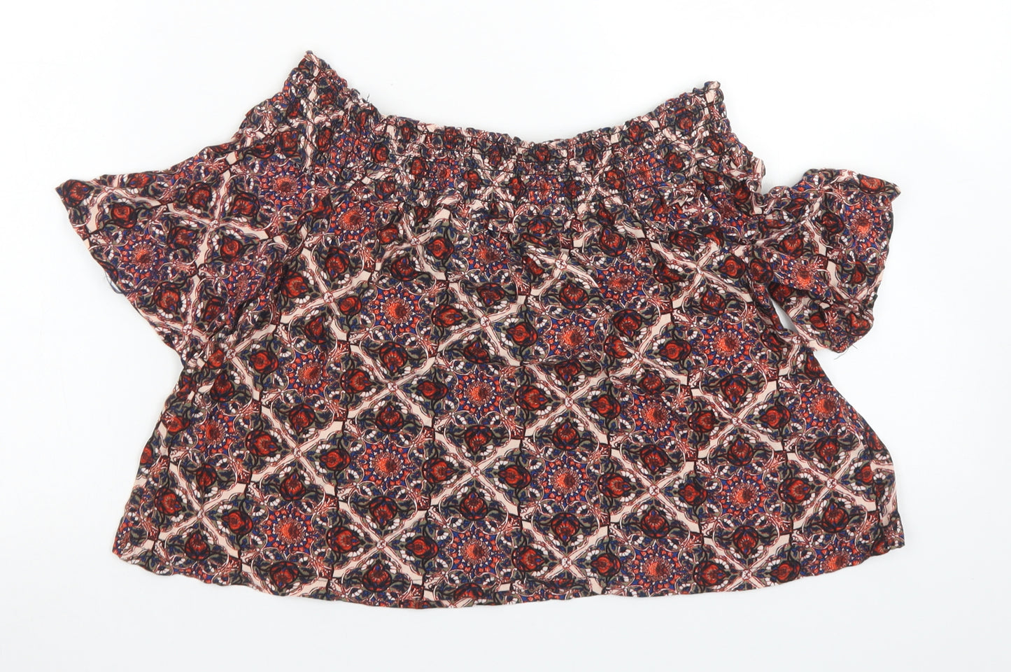 Topshop Womens Red Floral Viscose Cropped Blouse Size 6 Off the Shoulder