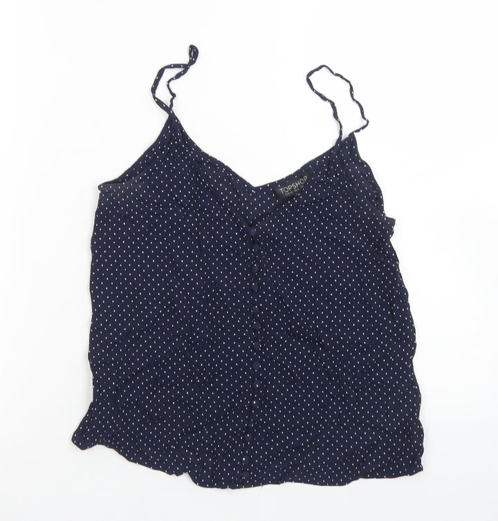 Topshop Womens Blue Polka Dot Viscose Camisole Blouse Size 6 Round Neck