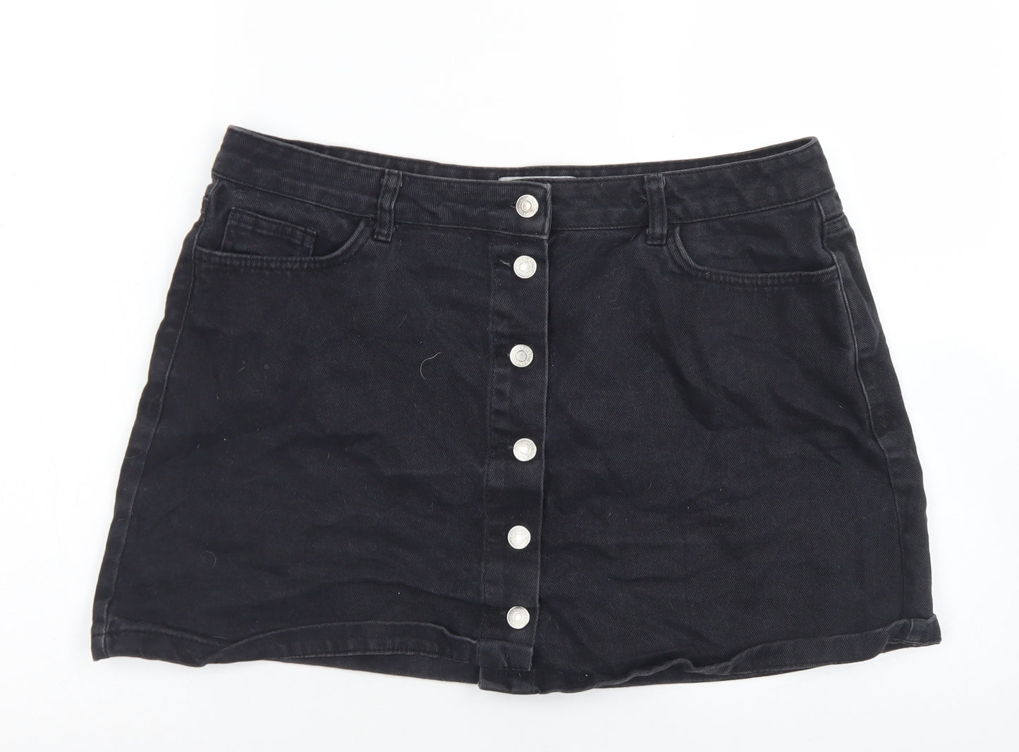 New Look Womens Black  Cotton A-Line Skirt Size 16   Button