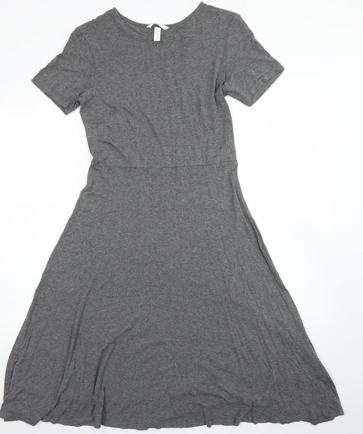 H&M Womens Grey Viscose Skater Dress Size M Crew Neck