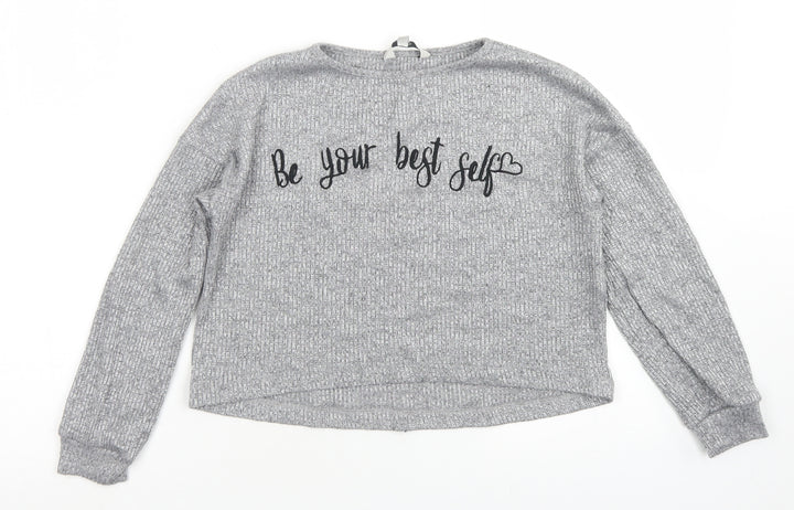 Miss E-vie Girls Grey Polyester Cropped T-Shirt Size 9-10 Years Crew Neck